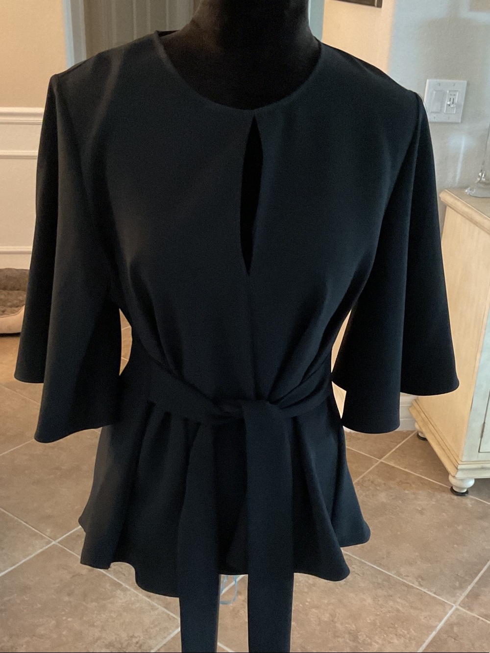 ZARA black tie waist bell half sleeve keyhole cutout top, size L
